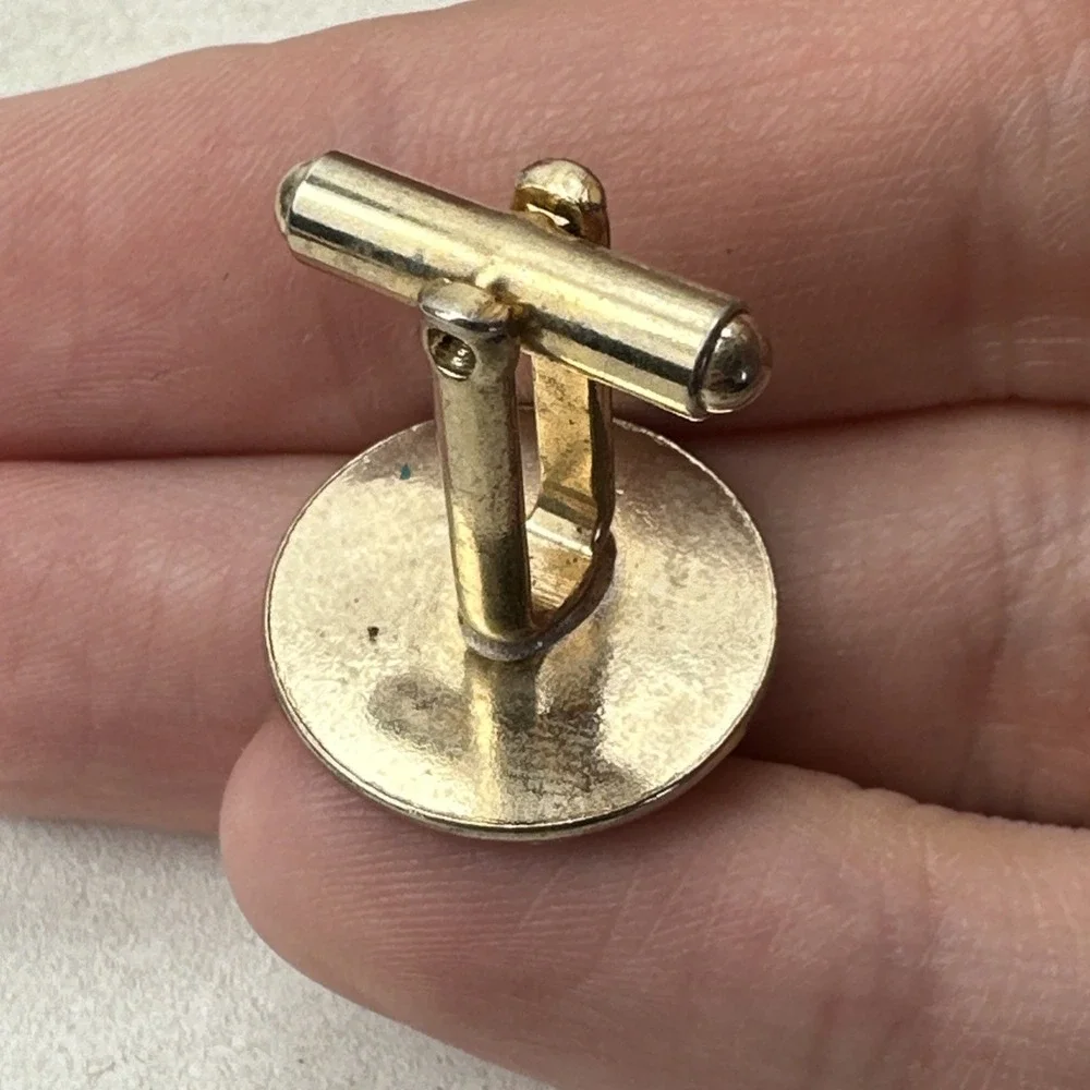 Gold Tone Round Cufflinks & Tie Clip Set Vintage Unmarked Circle Three Lines Pie